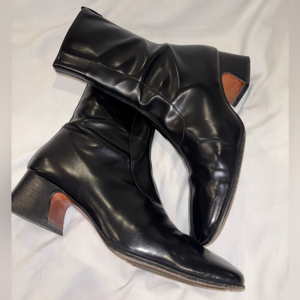 Donald J Pliner Vtg Black Leather Chisel/Square Toe Zip Up Mod Boots Block Heel